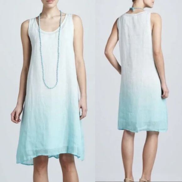 Eileen Fisher Pure Linen Gauze Layered Aqua Ombré A-Line Dress Size Small - Picture 1 of 7